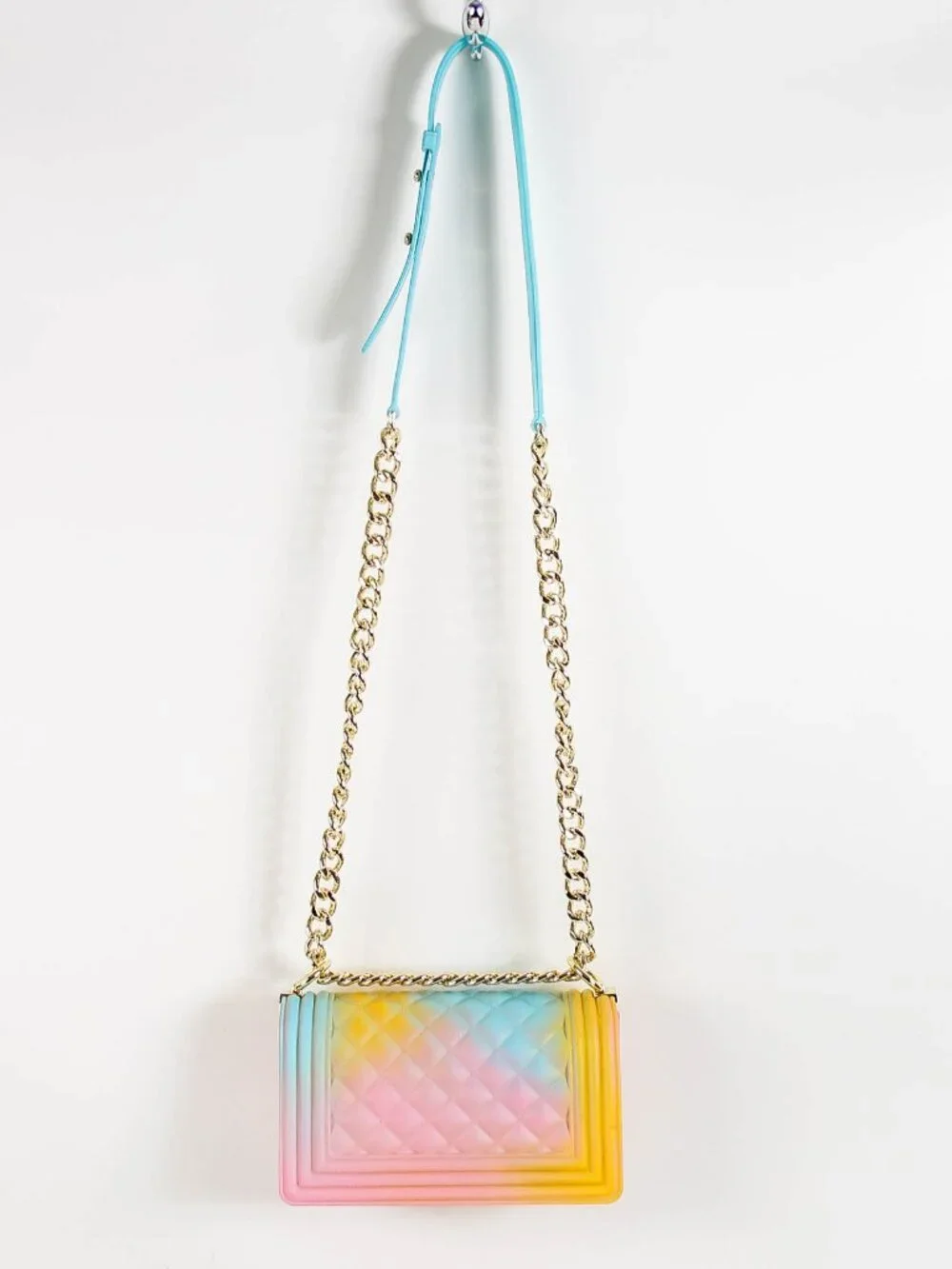 Pastel Rainbow Jelly Crossbody Bag Gold Chain Strap Quilted Candy Color Purse